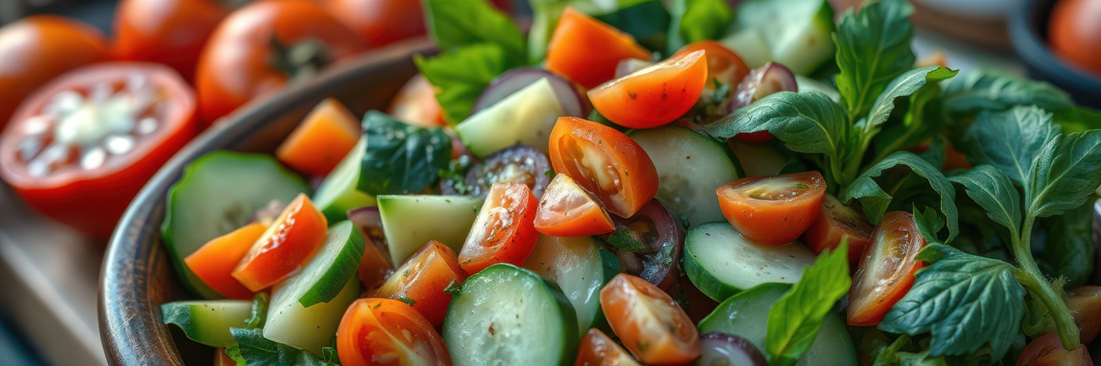 Fresh vegetable salad with tomatoes, cucumbers, and basil at a summer gathering